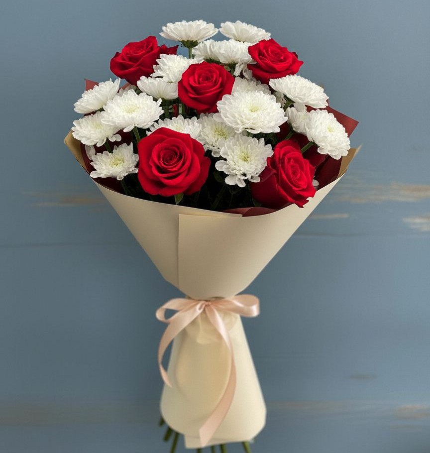 Букет цветов из: Розы и Хризантемы в Гжель