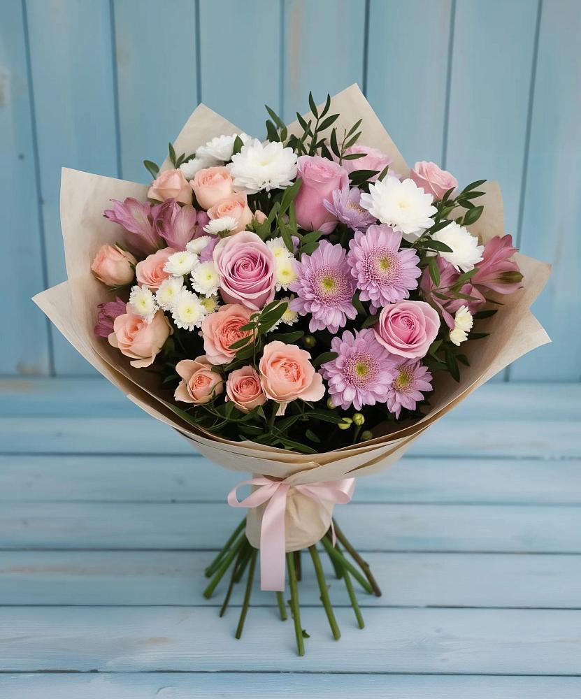 Букет цветов из: Хризантемы, Розы и Альстромерии в Гжель