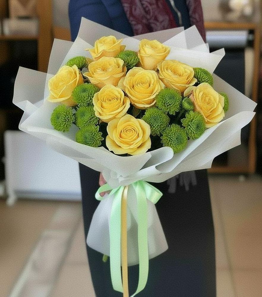 Букет цветов из: Хризантемы и Розы в Гжель