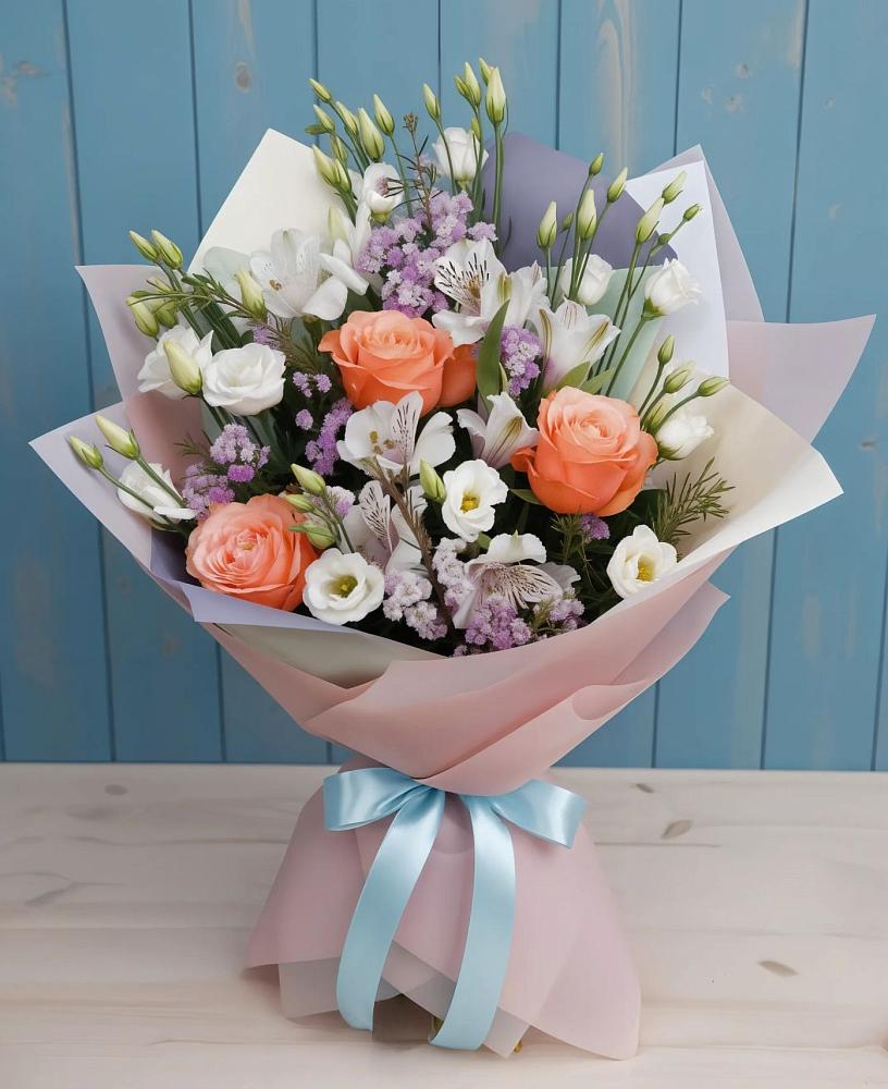 Букет цветов из: Лизиантусы, Розы, Альстромерии и Гипсофила в Гжель