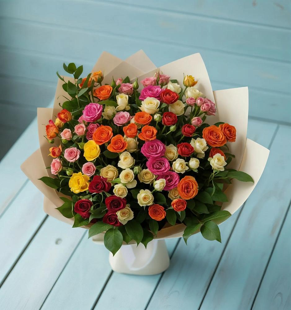 Букет Микс из разноцветных кустовых роз в Гжель