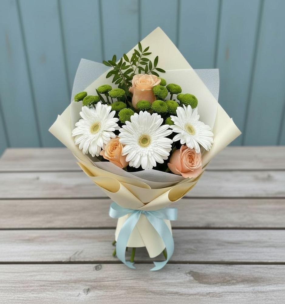 Букет цветов из: Герберы, Розы и Хризантемы в Гжель