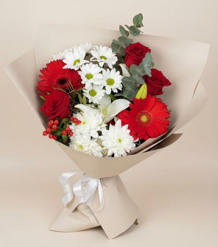 Букет цветов из: Розы, Хризантемы, Герберы и Лилии в Гжель