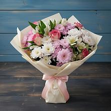 Букет цветов из:  Хризантемы, Альстромерии и Розы в Гжель