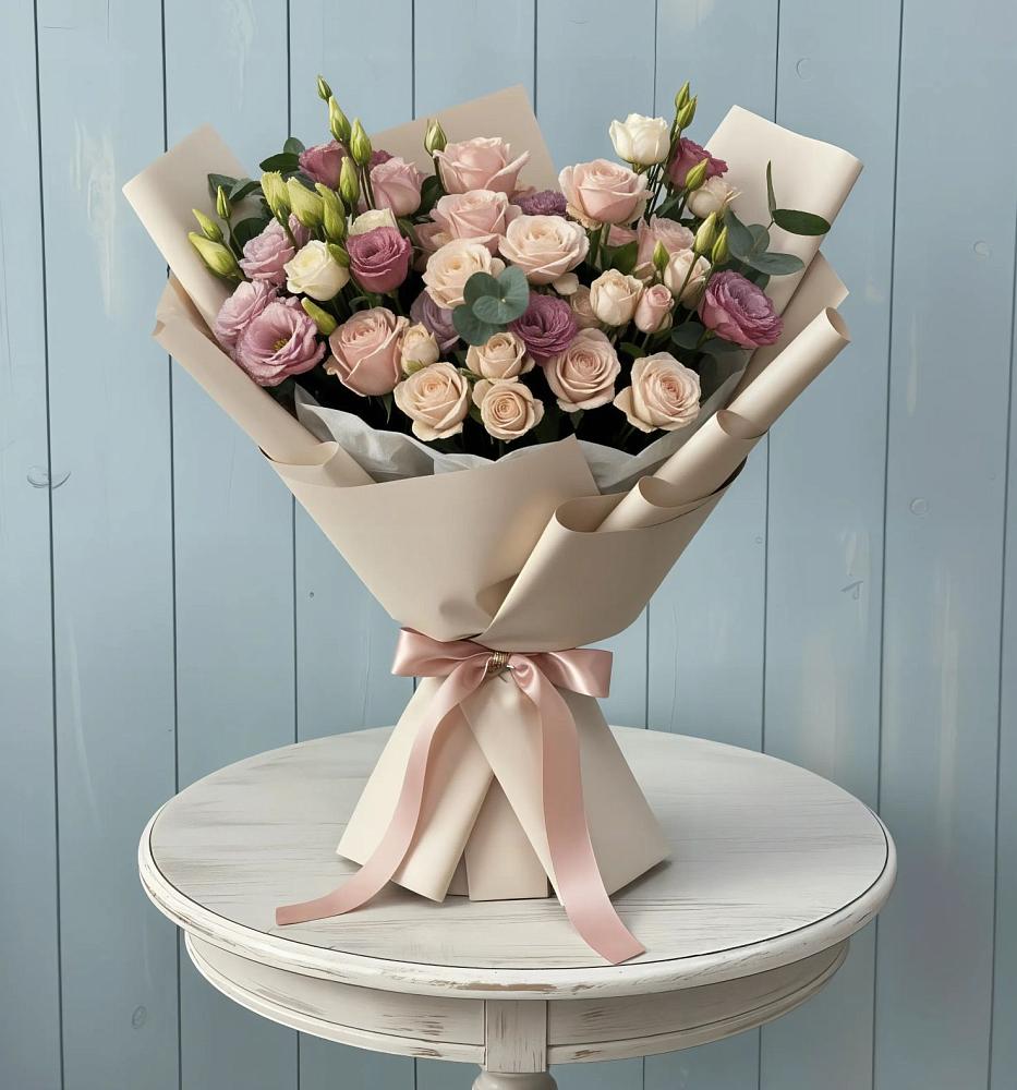 Букет цветов из: Розы и Лизиантусы в Гжель