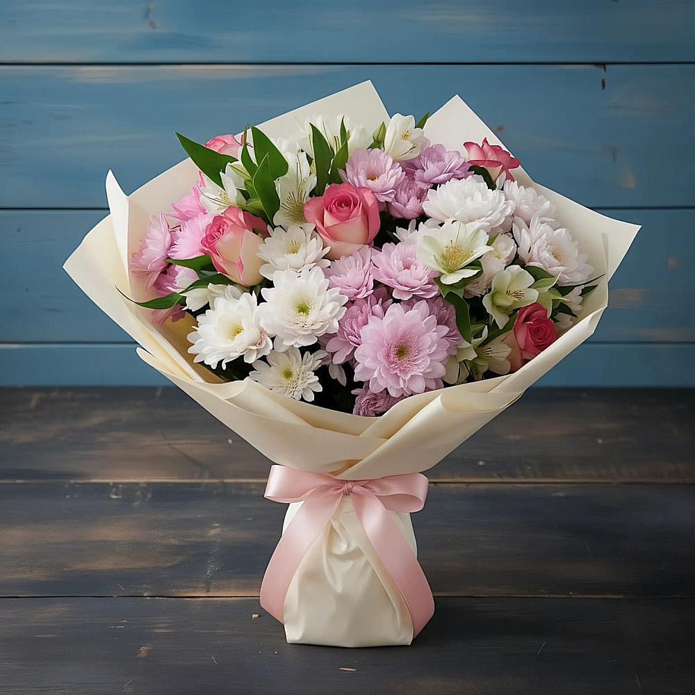 Букет цветов из: Хризантемы, Альстромерии и Розы в Гжель